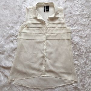 Cream White Sheer Buttoned Blouse Top, Small